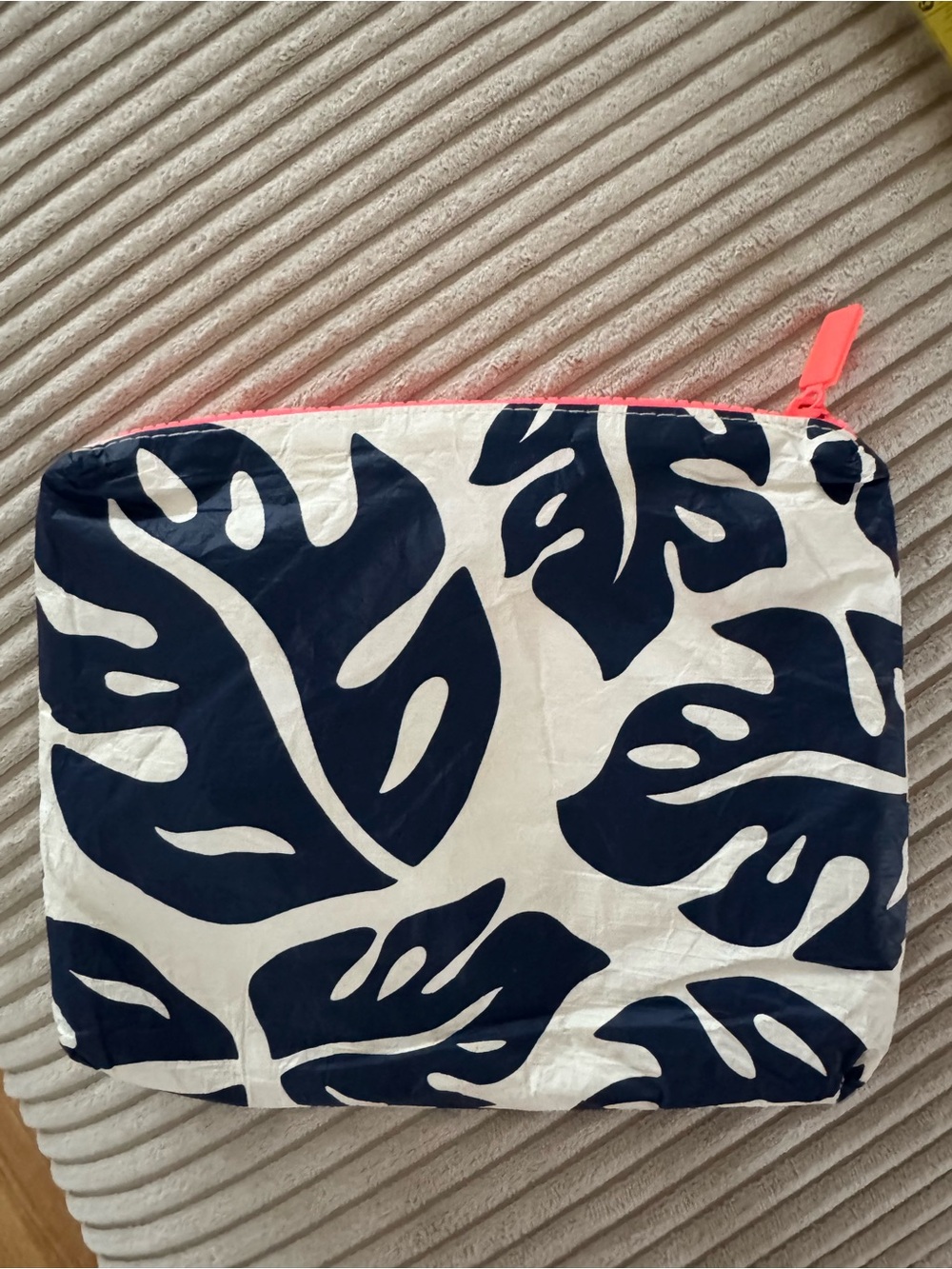 Aloha Collection Navy Leaf Print Cosmetic Pouch with Pink Zip